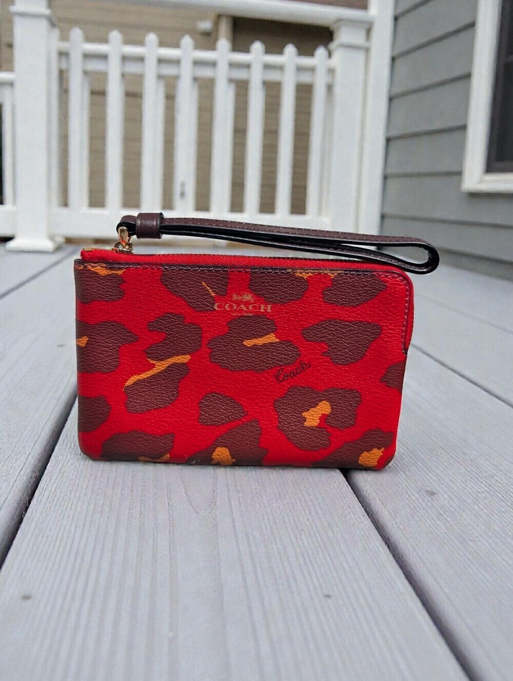 Coach Corner Zip Bright Poppy Leopard Wristlet (NWT)